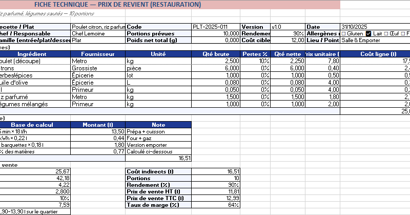 Fiche Technique Prix de Revient Restauration : Modèle Excel Dynamique+ Imprimable A4