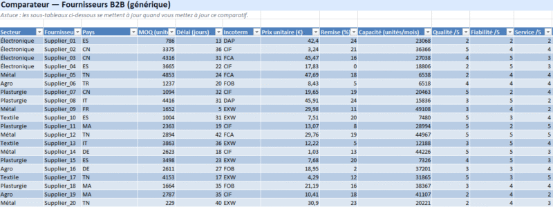 Tableau comparatif : Modèles Excel thématiques + modèles Word à remplir pour présenter la comparaison