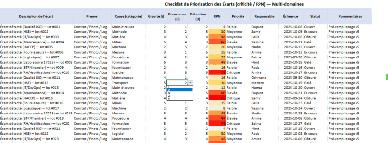 Priorisation des écarts par le RPN (S×O×D) : guide complet + modèle Excel