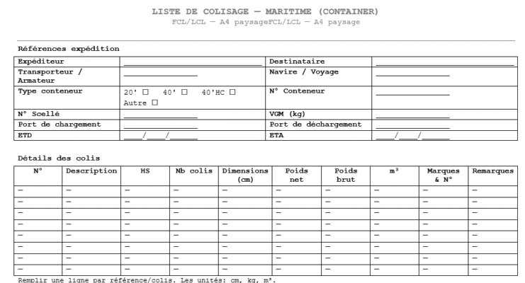 Liste de colisage (Packing List) : Modèle à Imprimer + modèle Excel dynamique