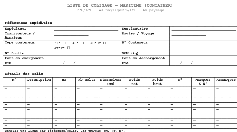 Liste de colisage (Packing List) : Modèle à Imprimer + modèle Excel dynamique