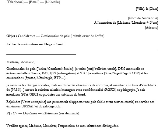 Lettre de motivation « Gestionnaire de paie » — guide complet, exemples et checklists