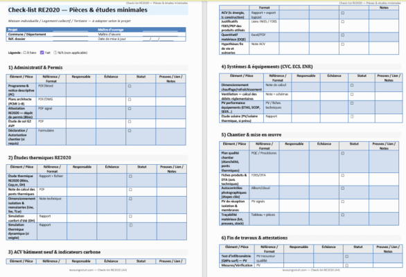 Check-list RE2020 — pièces & études minimales : le guide opérationnel (avec vrai jargon métier)