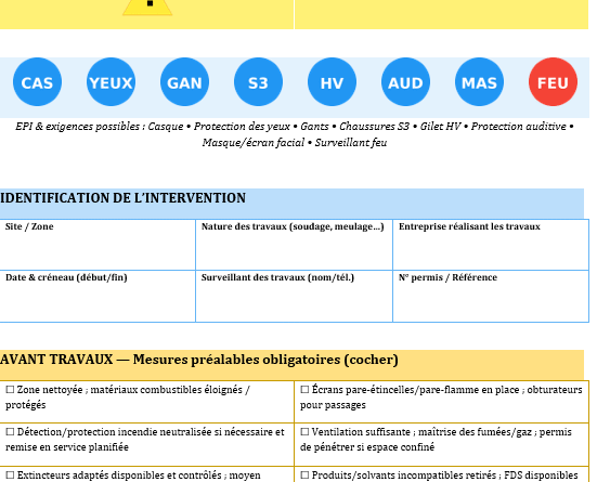 PERMIS DE FEU — TRAVAUX PAR POINT CHAUD