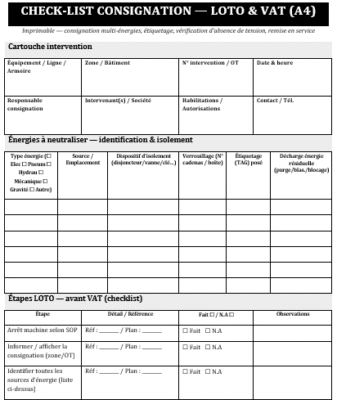 CHECK-LIST CONSIGNATION — LOTO & VAT (A4, imprimable) : mode d’emploi expert