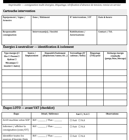 CHECK-LIST CONSIGNATION — LOTO & VAT (A4, imprimable) : mode d’emploi expert