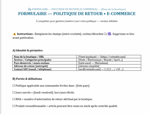 Politique de retour e-commerce : modèle éditable à télécharger