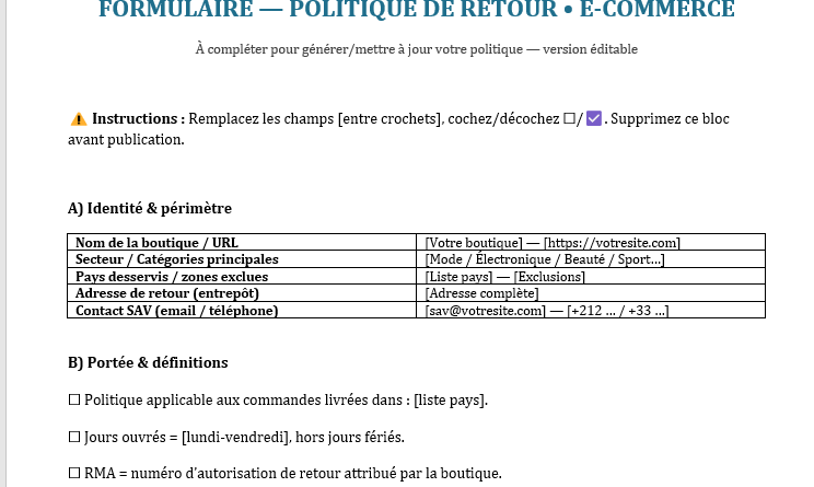 Politique de retour e-commerce : modèle éditable à télécharger