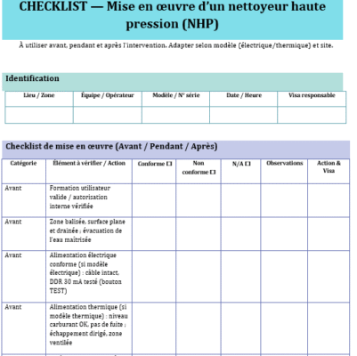 Checklist — Mise en œuvre d’un nettoyeur haute pression (NHP)
