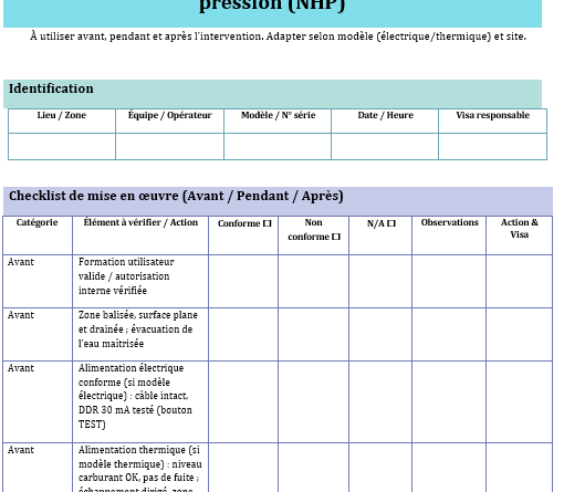 Checklist — Mise en œuvre d’un nettoyeur haute pression (NHP)