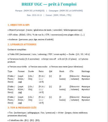 Brief UGC (Word) — guide détaillé + modèle prêt à l’emploi