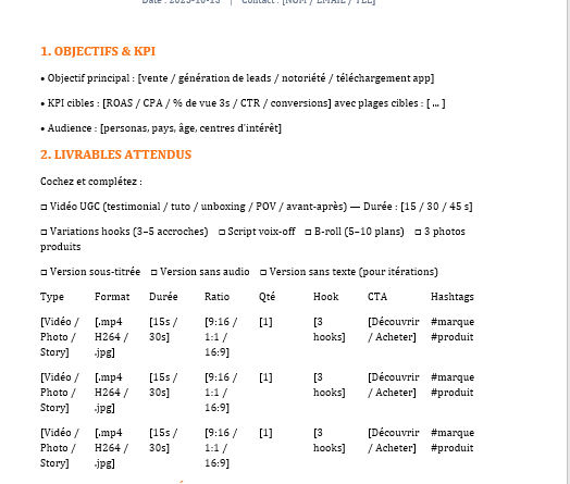 Brief UGC (Word) — guide détaillé + modèle prêt à l’emploi