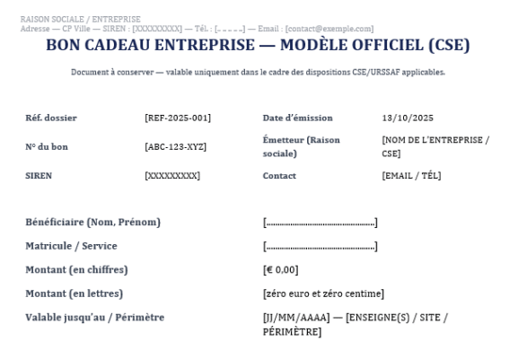 Bon cadeau entreprise (CSE) à télécharger, usages, conformité et modèles