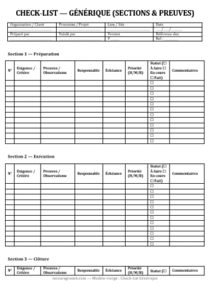 Modèles de check-lists à imprimer (Word, A4) : check-list Audit / Inspection, Go / No-Go, Opérations