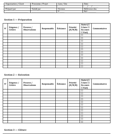 Modèles de check-lists à imprimer (Word, A4) : check-list Audit / Inspection, Go / No-Go, Opérations