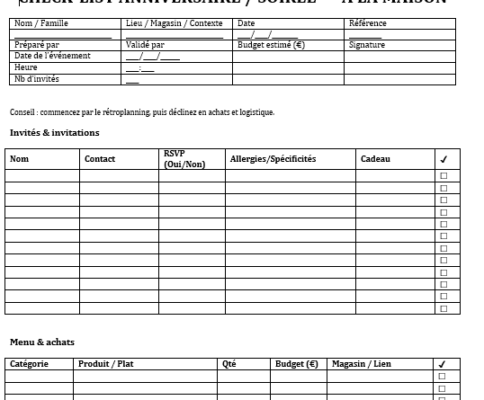 Check-lists B2C à Imprimer (Word, A4) : Courses, Ménage & Entretien, Voyage & Bagages...