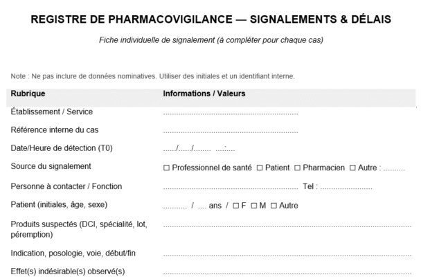 Fiche de pharmacovigilance —Registre Signalements & délais : prêt à imprimer