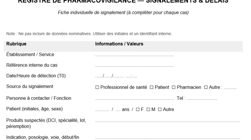 Fiche de pharmacovigilance —Registre Signalements & délais : prêt à imprimer