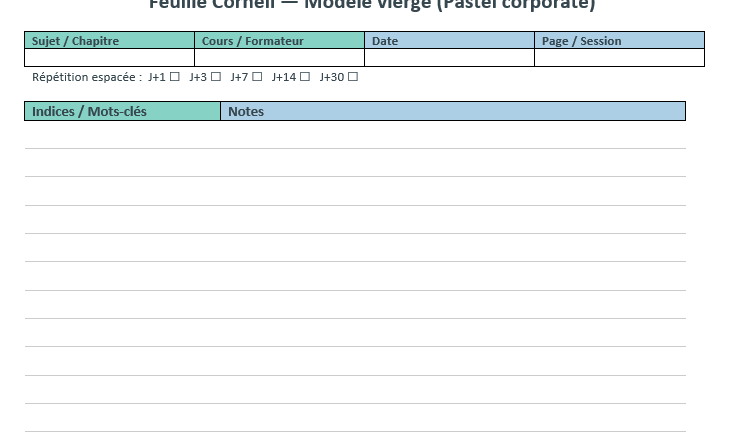 Modèle de feuille méthode Cornell dans Word - Cas pratique