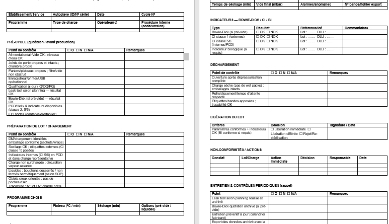 Check-list stérilisation autoclave — maintenance préventive, correctrice et qualif