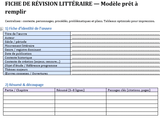 Fiche de révision littéraire : modèles prêts à imprimer