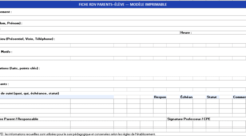 Fiche RDV & Suivi Parents–Élèves dans Excel