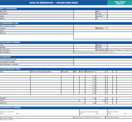 Fiche de Réparation — Atelier (Excel) : modèles téléchargeables + bonnes pratiques