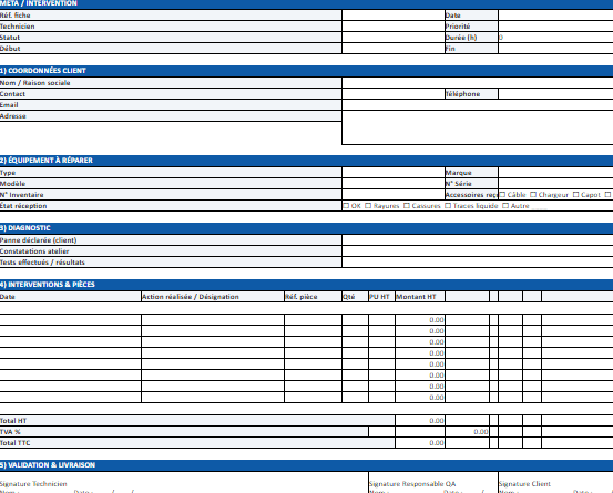 Fiche de Réparation — Atelier (Excel) : modèles téléchargeables + bonnes pratiques