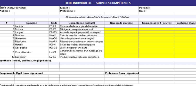 Fiche individuelle de suivi des compétences : Modèle Excel
