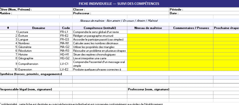 Fiche individuelle de suivi des compétences : Modèle Excel (ONE PAGE, A4)