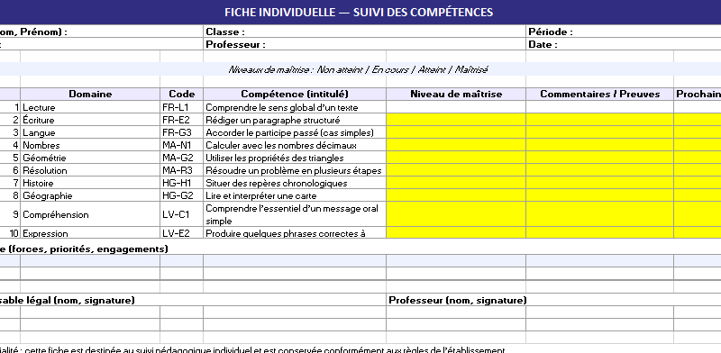 Fiche individuelle de suivi des compétences : Modèle Excel (ONE PAGE, A4)