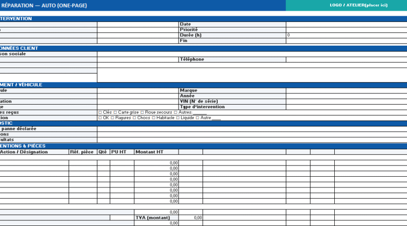Modèle “App Excel” pour la gestion des ordres de réparation — prêt à imprimer