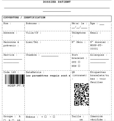 Dossiers patient, bracelets, tubes d’analyse — Code 128 / DataMatrix / QR