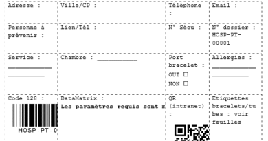 Dossiers patient, bracelets, tubes d’analyse — Code 128 / DataMatrix / QR