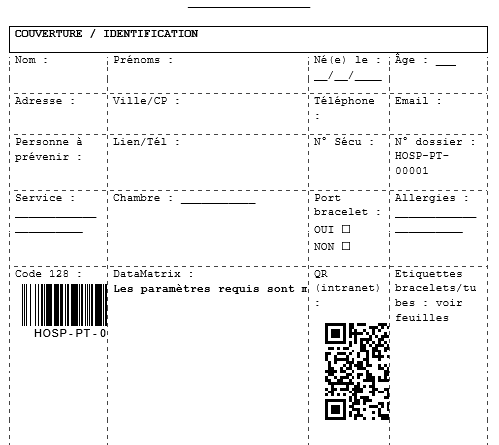 Dossiers patient, bracelets, tubes d’analyse — Code 128 / DataMatrix / QR