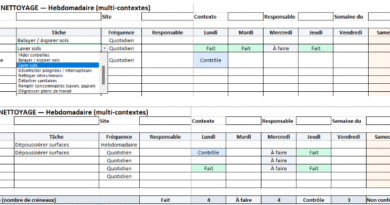 Planning de nettoyage hebdomadaire : Modèle Excel Multi contexte