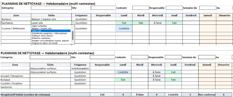 Planning de nettoyage hebdomadaire : Modèle Excel Multi contexte
