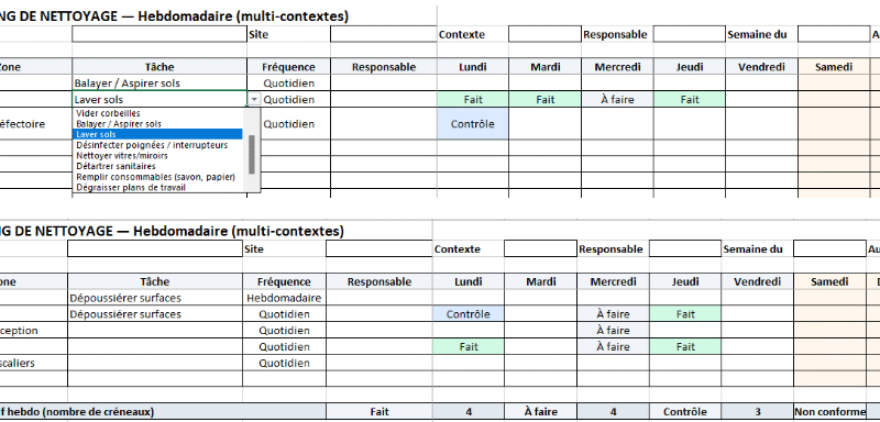 Planning de nettoyage hebdomadaire : Modèle Excel Multi contexte