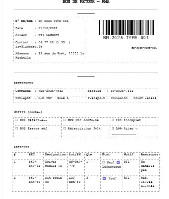 Modèles de bon de retour (BR/RMA) — et pourquoi ils portent un code-barres
