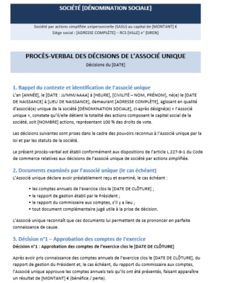 Procès verbal des décisions de l’associé unique de SASU