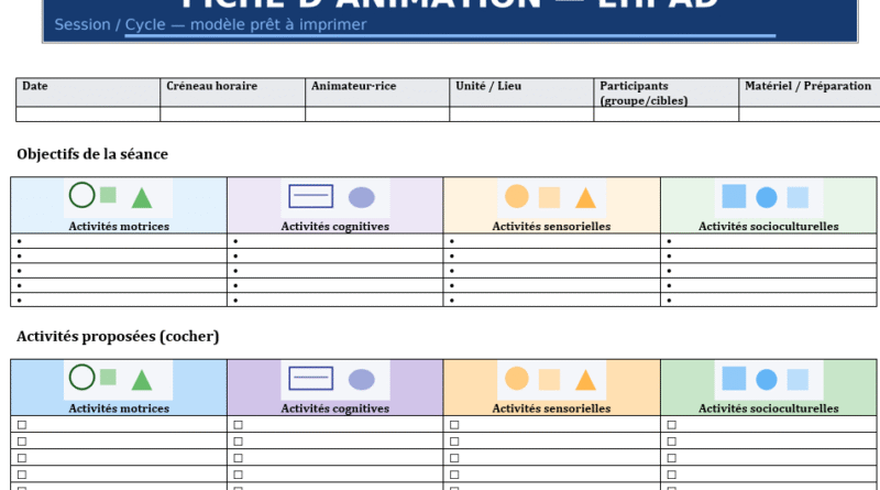 Fiche d’animation en EHPAD : Exemple dans Word + Modèle Vierge à suivre
