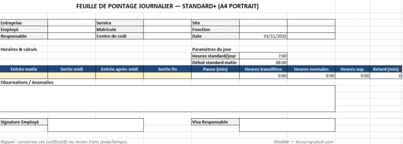 Feuille de pointage journalier à imprimer ( Excel)