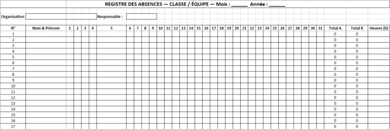 suivi des absences EXCEL à imprimer