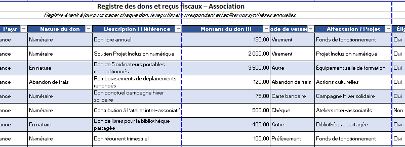 Registre des dons et reçus fiscaux pour une association : Modèle Excel