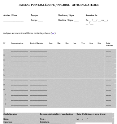 Fiche de pointage heures en usine : Modèles Imprimables