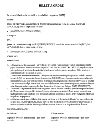Billet à ordre Exemples dans Word