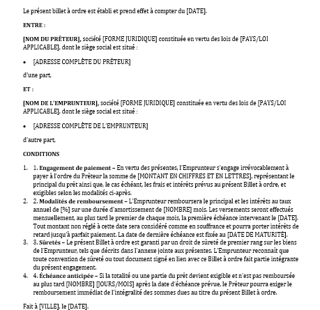 Billet à ordre Exemples dans Word