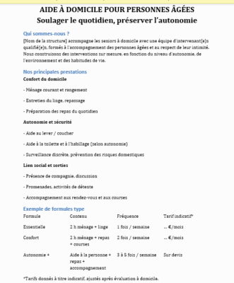 Fiche d’offre de service d’aide à domicile pour les personnes âgées : modèles Word