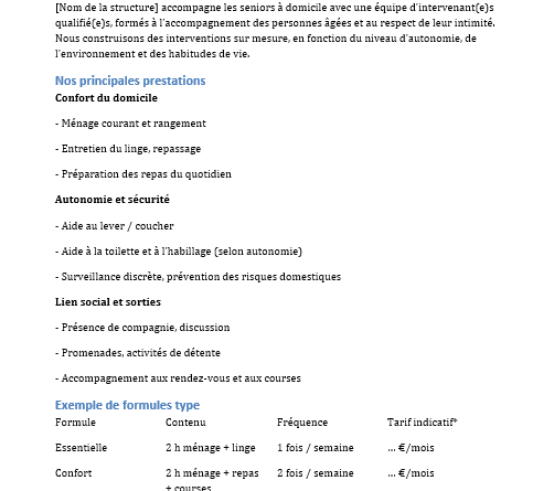 Fiche d’offre de service d’aide à domicile pour les personnes âgées : modèles Word