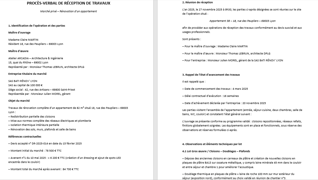 Exemples de Procès-verbal de réception de travaux
